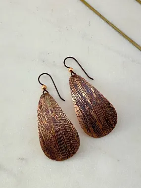 Acid etched copper teardrop earrings