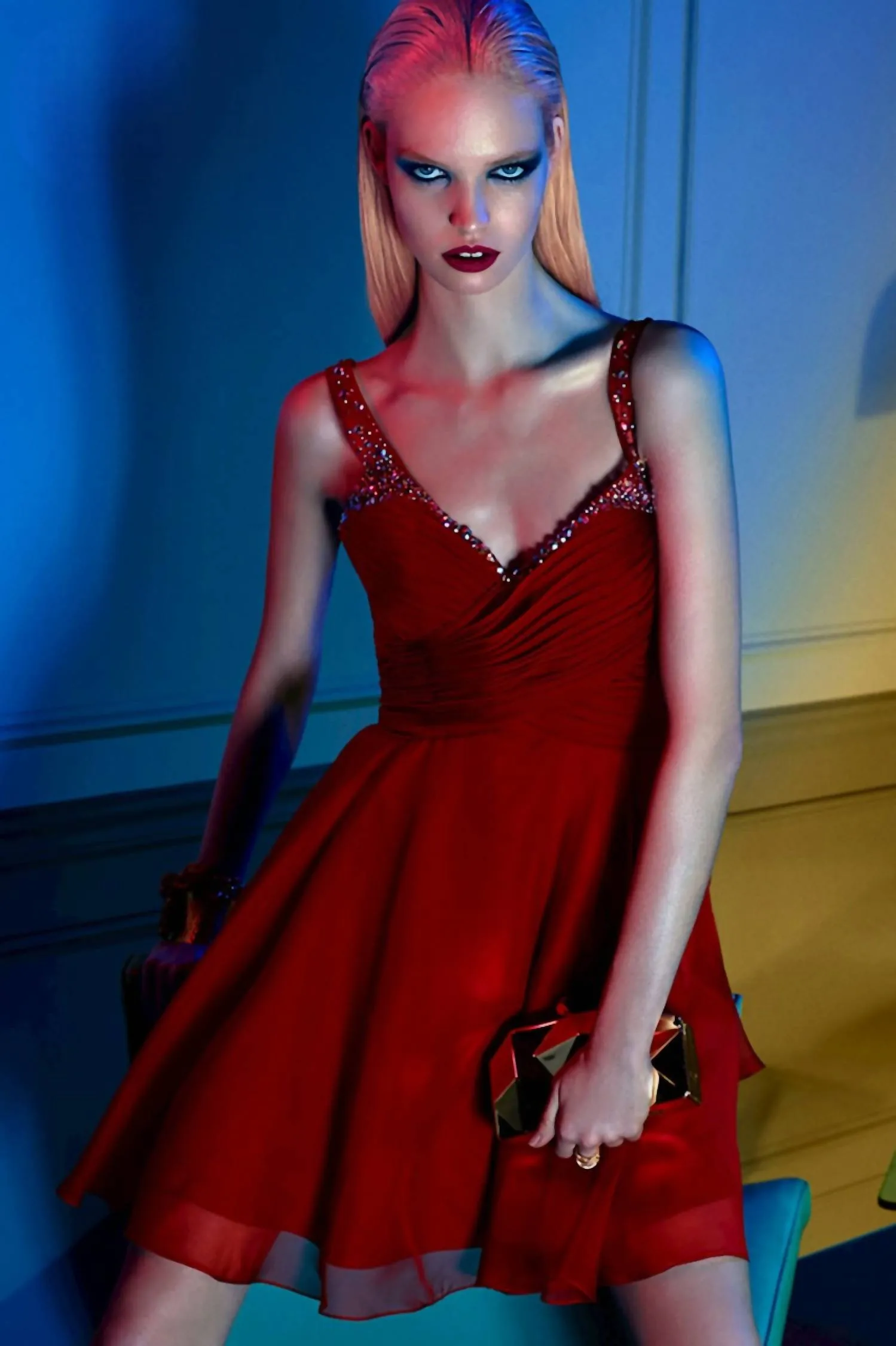 Alyce Paris - Surplice Bodice Beaded Chiffon Dress