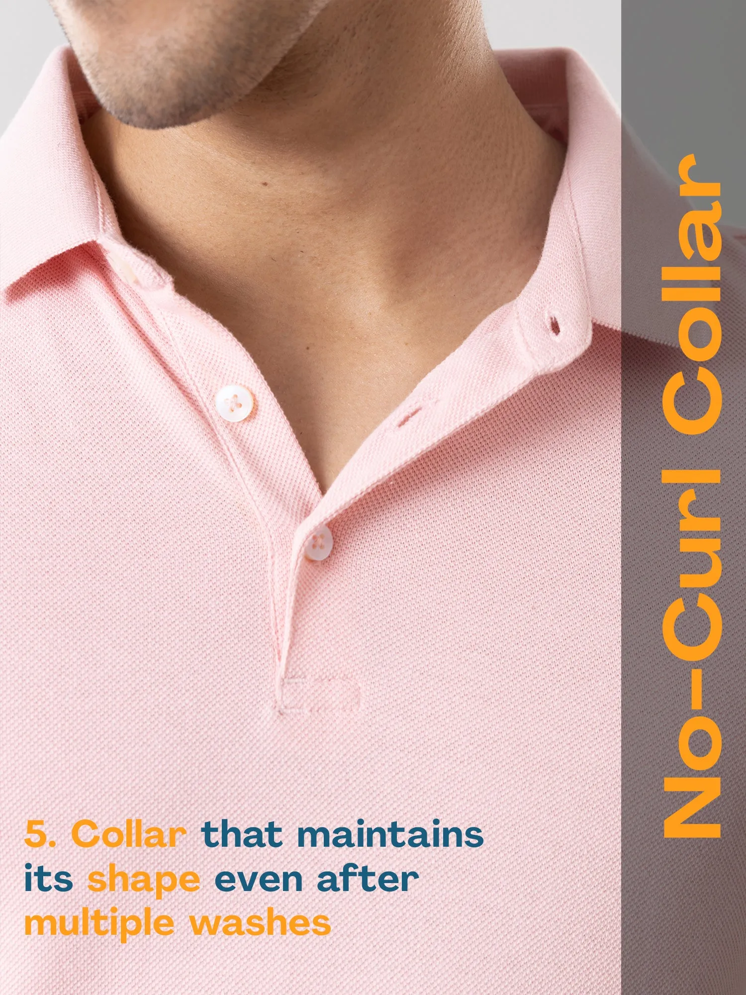 Anti Stain & Anti Odor Cotton Polo with No - Curl Collar - Soft Pink