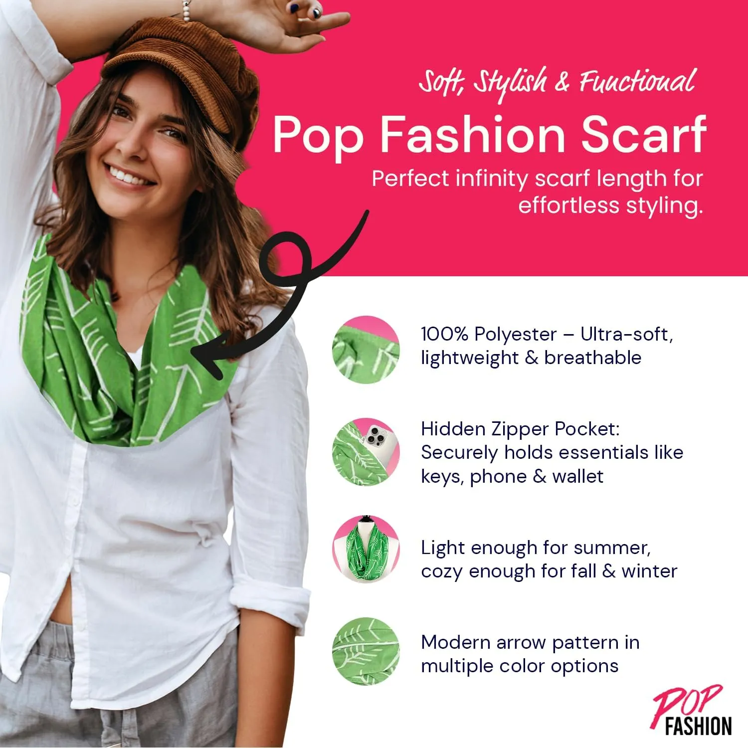 Arrow Pattern Infinity Scarf for Women - Travel Scarf with Hidden Zipper Pocket - All Seasons