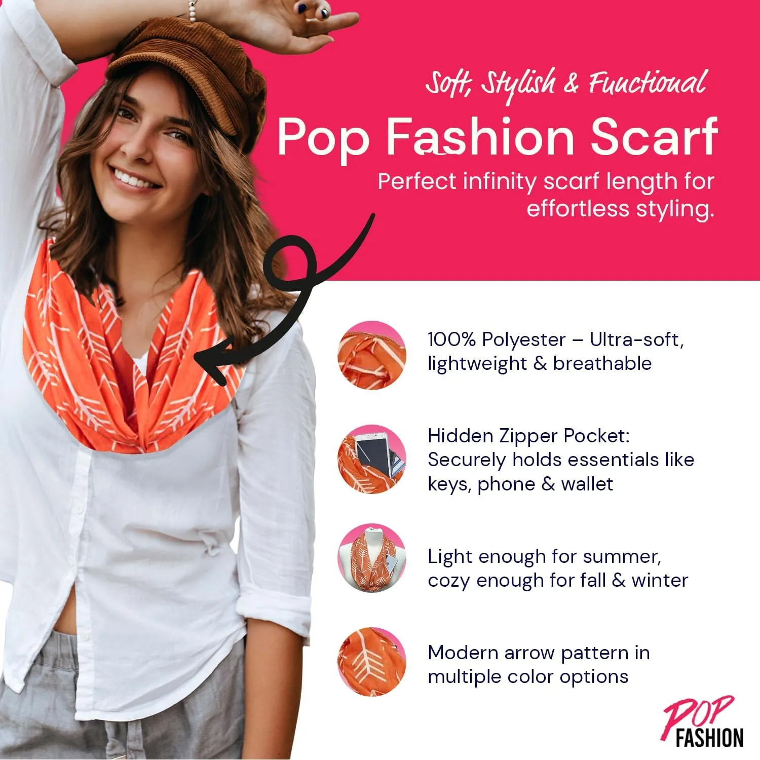 Arrow Pattern Infinity Scarf for Women - Travel Scarf with Hidden Zipper Pocket - All Seasons
