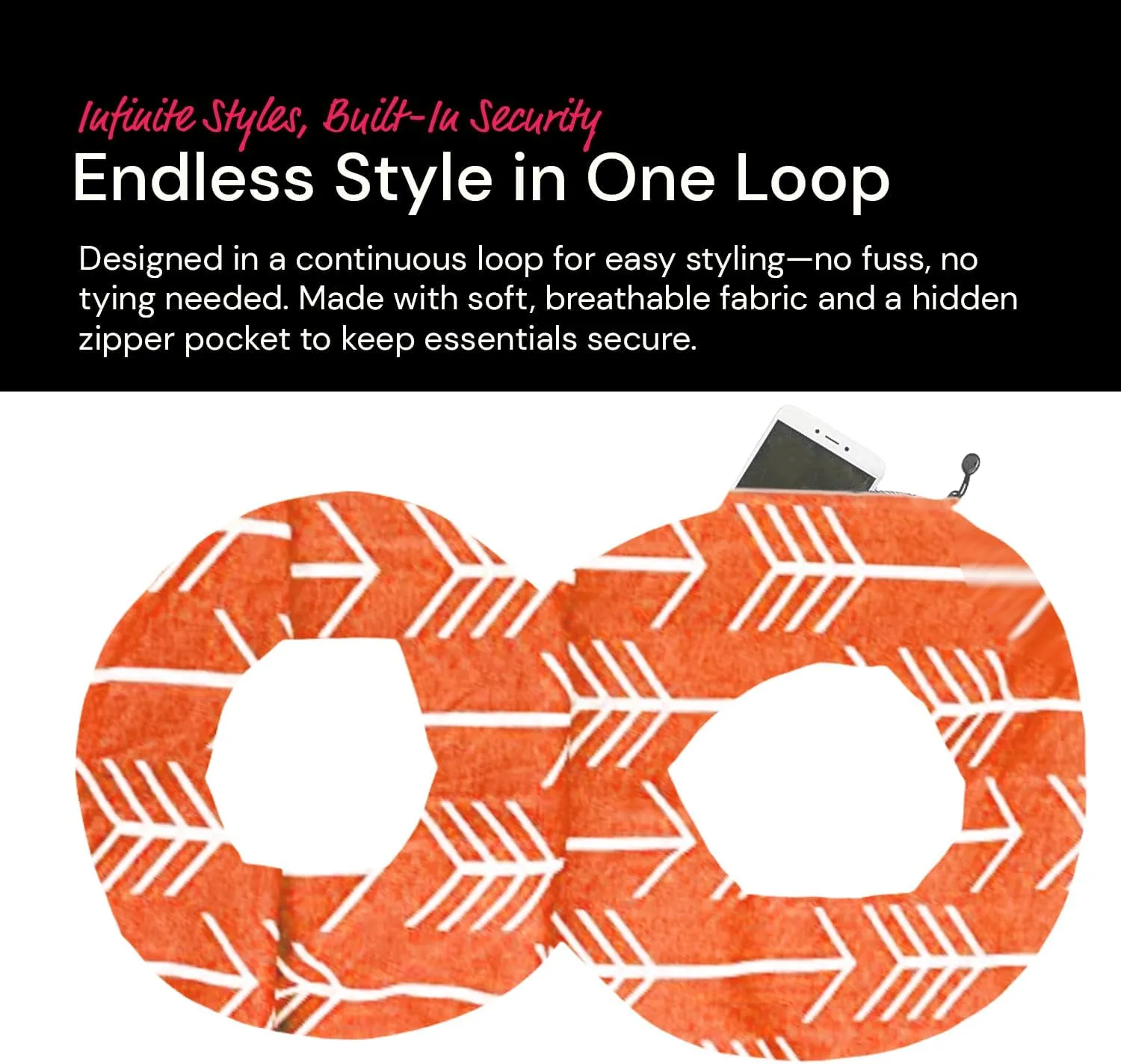 Arrow Pattern Infinity Scarf for Women - Travel Scarf with Hidden Zipper Pocket - All Seasons