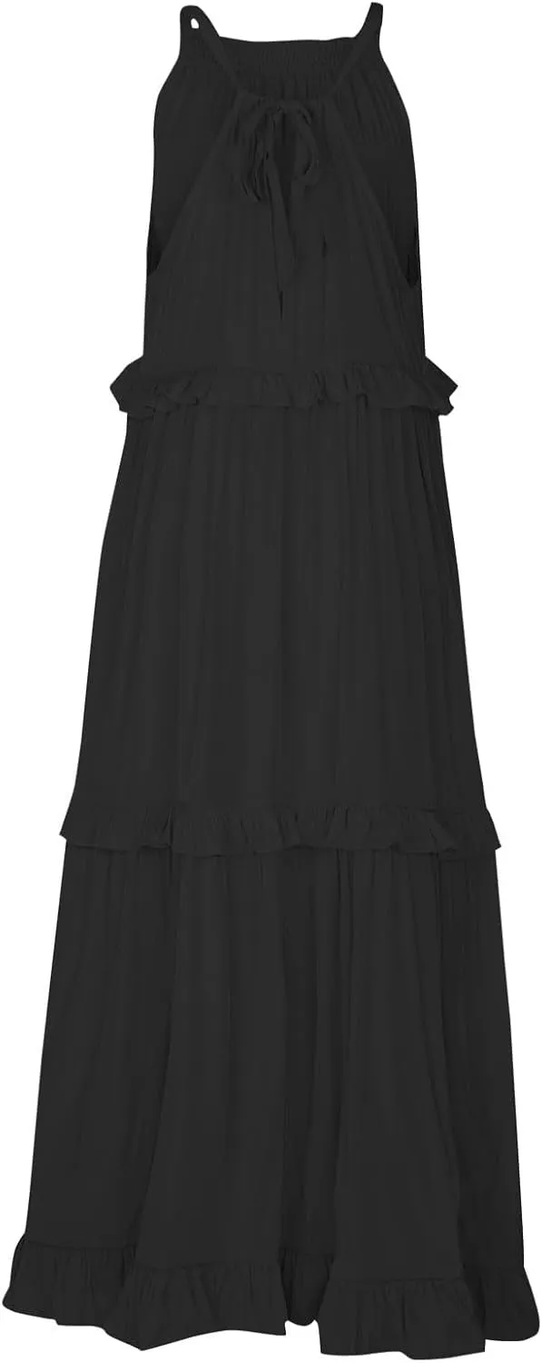 Beach Dresses for Women 2025 Vacation Halter Summer Long Dress Tiered Ruffle Flowy Swing Elegant Boho Sundress