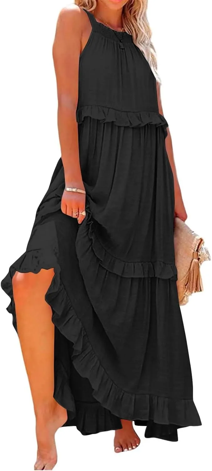 Beach Dresses for Women 2025 Vacation Halter Summer Long Dress Tiered Ruffle Flowy Swing Elegant Boho Sundress