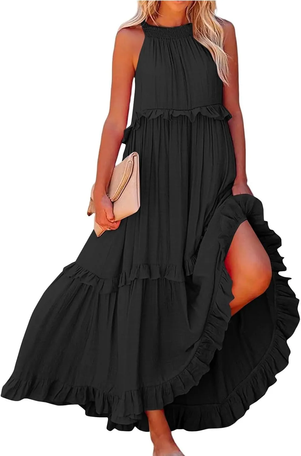 Beach Dresses for Women 2025 Vacation Halter Summer Long Dress Tiered Ruffle Flowy Swing Elegant Boho Sundress