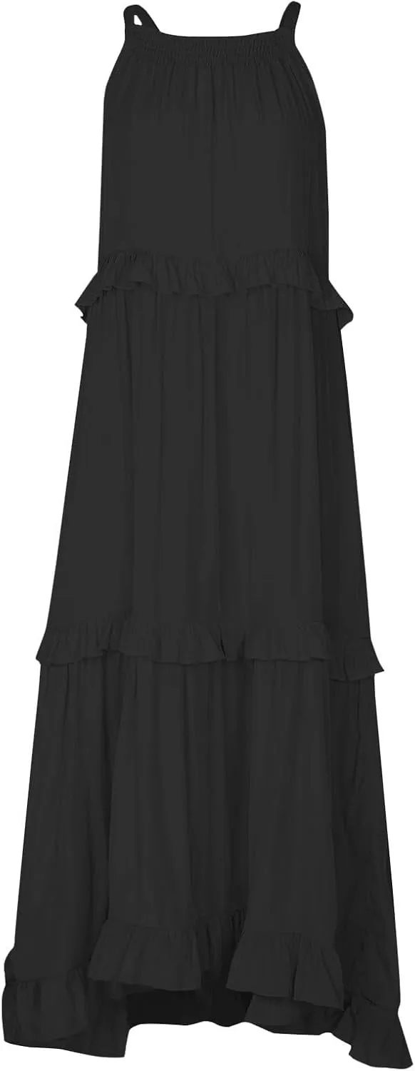 Beach Dresses for Women 2025 Vacation Halter Summer Long Dress Tiered Ruffle Flowy Swing Elegant Boho Sundress