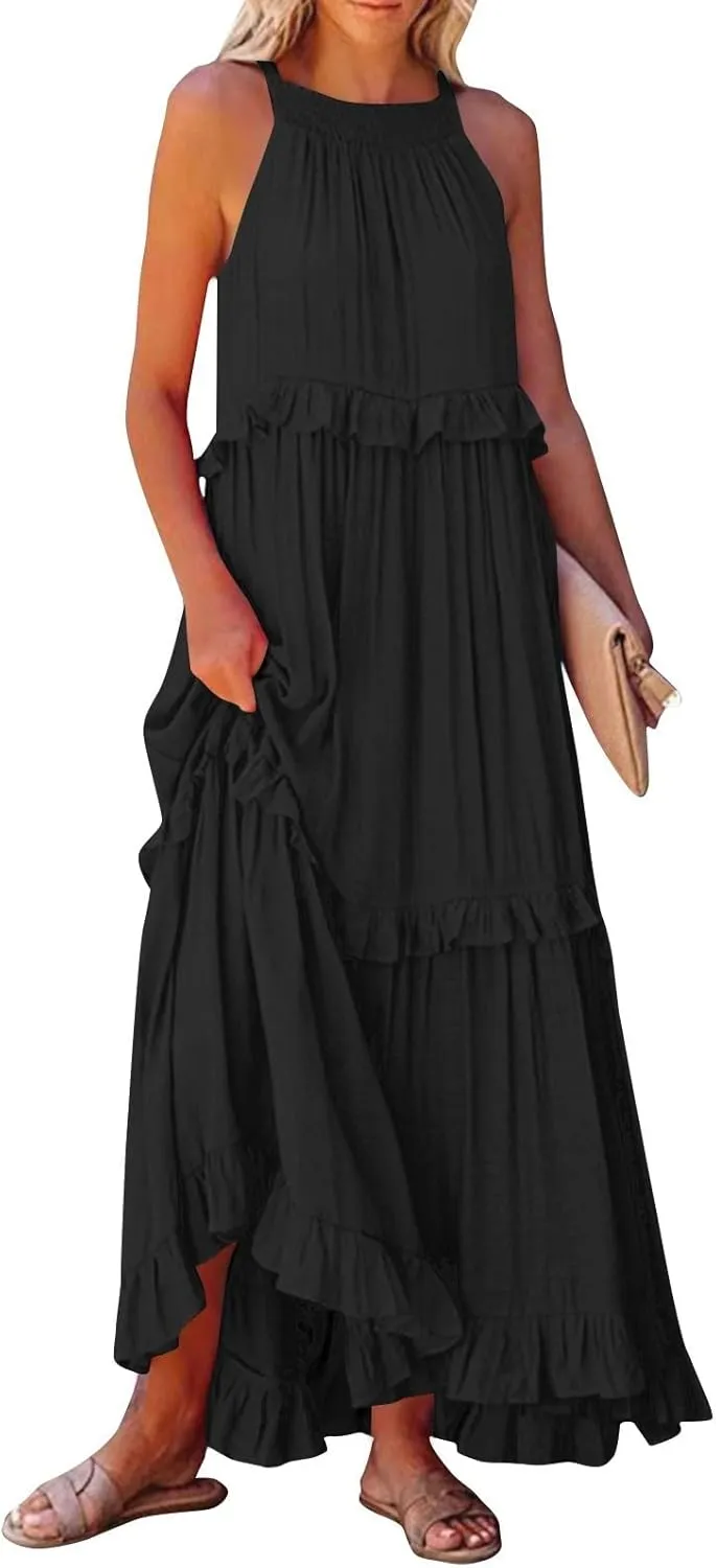 Beach Dresses for Women 2025 Vacation Halter Summer Long Dress Tiered Ruffle Flowy Swing Elegant Boho Sundress