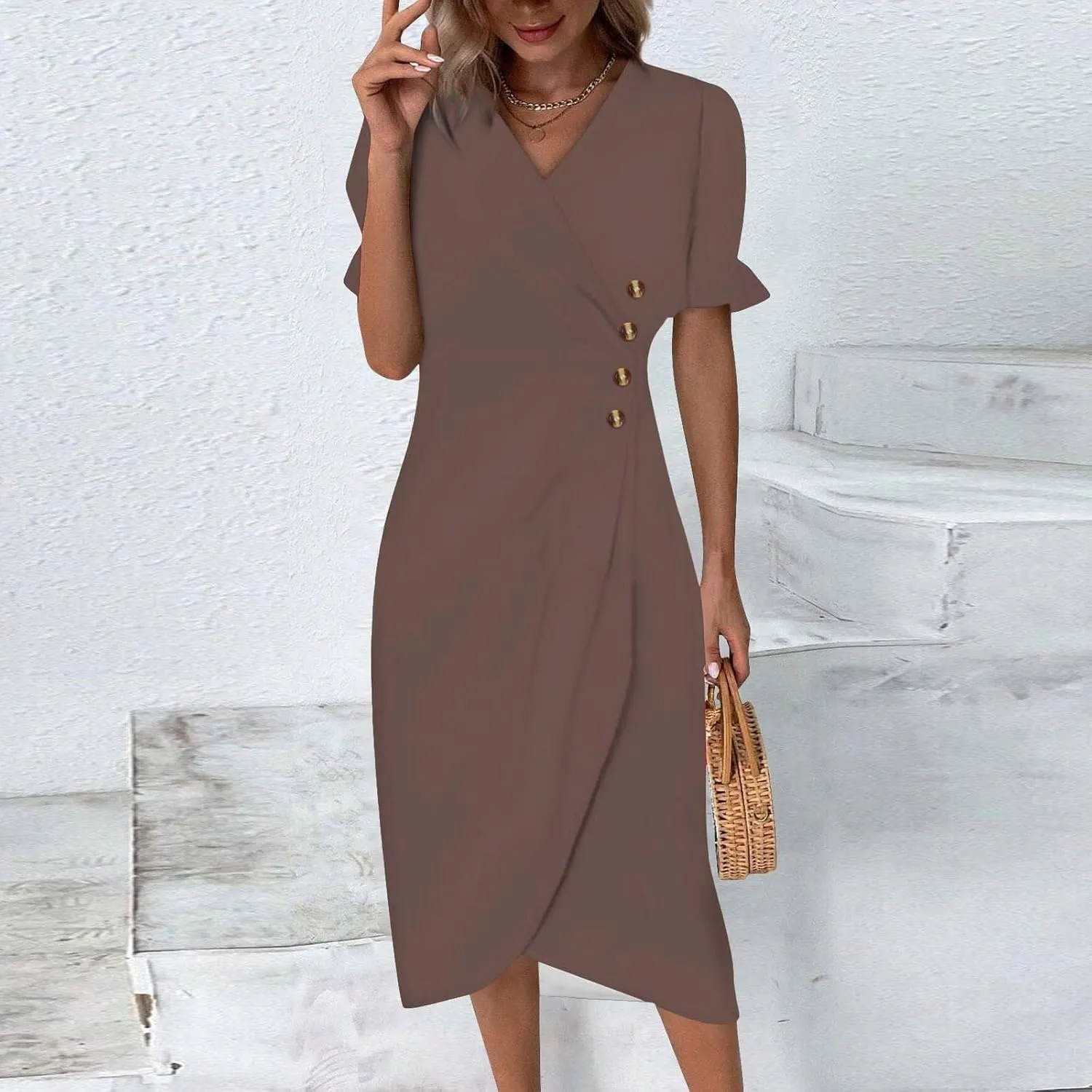 Beach Dresses for Women,2025 Spring Trendy Floral Boho Dress,Elegant V Neck Short Sleeve Irregular Hem Midi Dress