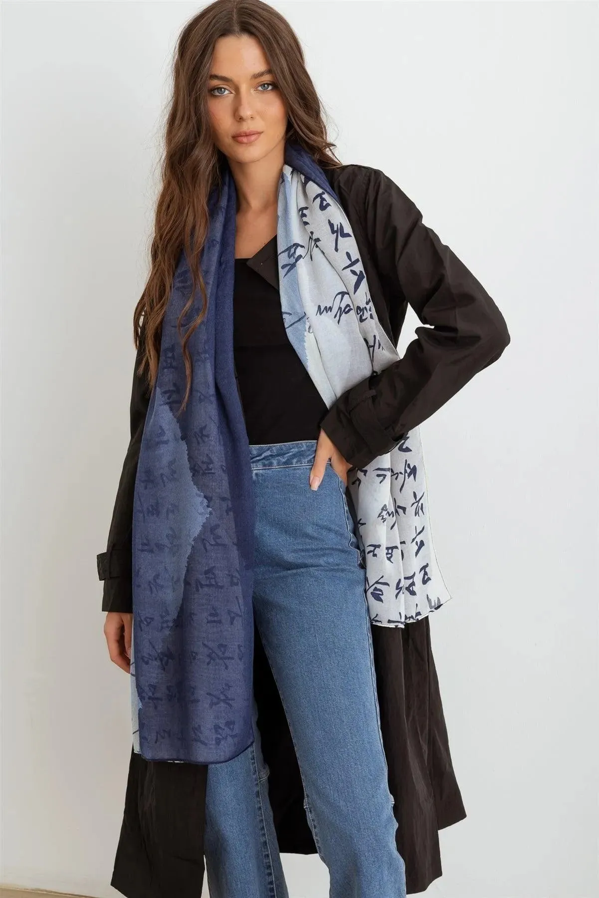 Blue Hangul Design Korean Languages Wrap Long Shawl Scarf