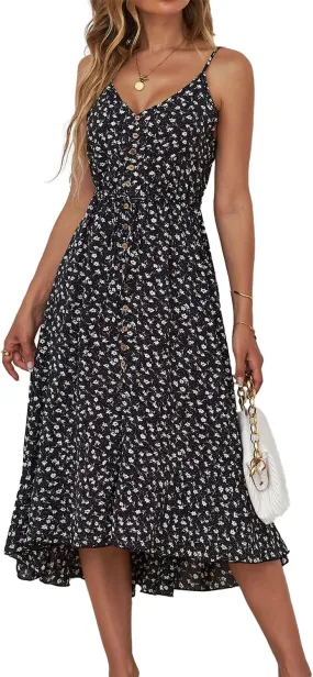 BROVAVE Women's 2025 Summer Casual Boho Sundress Polka Dot Spaghetti Strap V Neck Flowy Midi Dresses