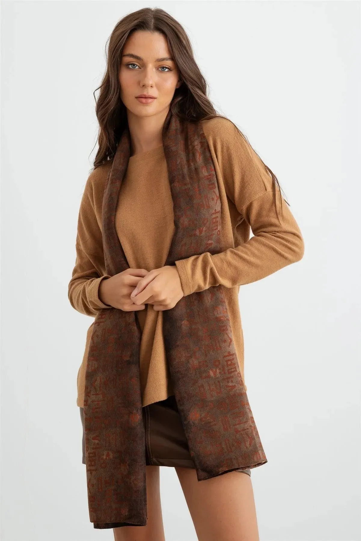 Brown Hangul Design Korean Languages Wrap Long Shawl Scarf