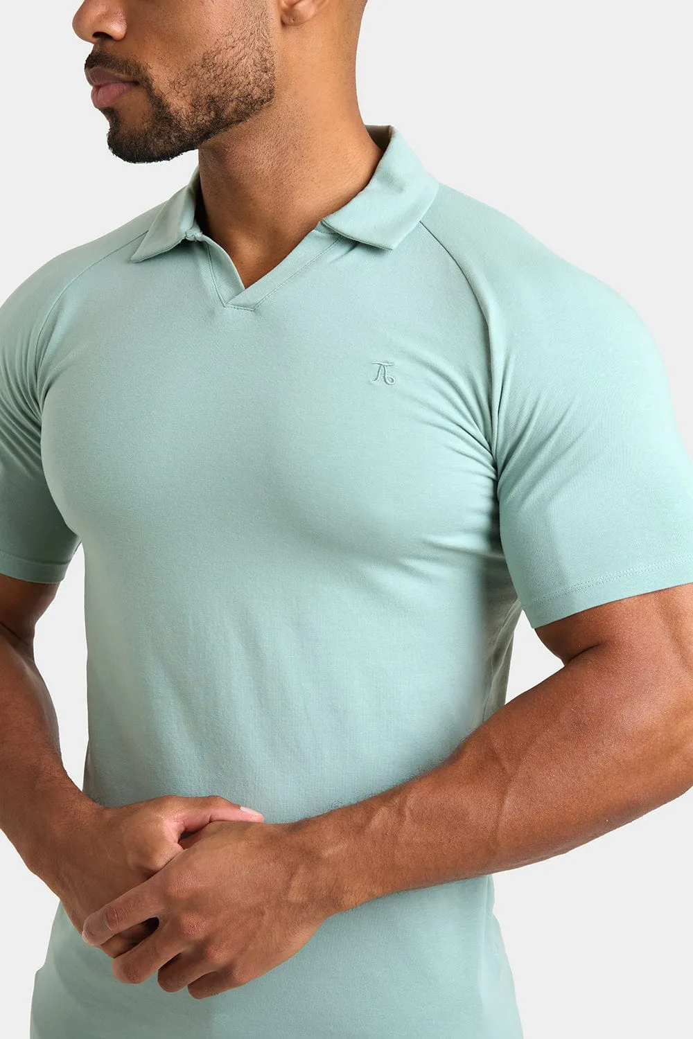 Buttonless Open Collar Polo Shirt in Soft Sage