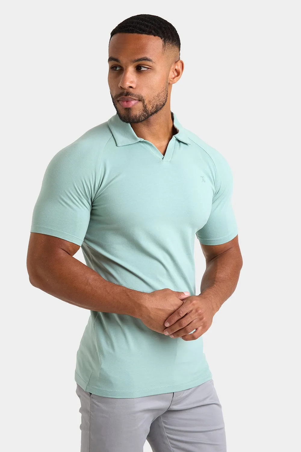 Buttonless Open Collar Polo Shirt in Soft Sage