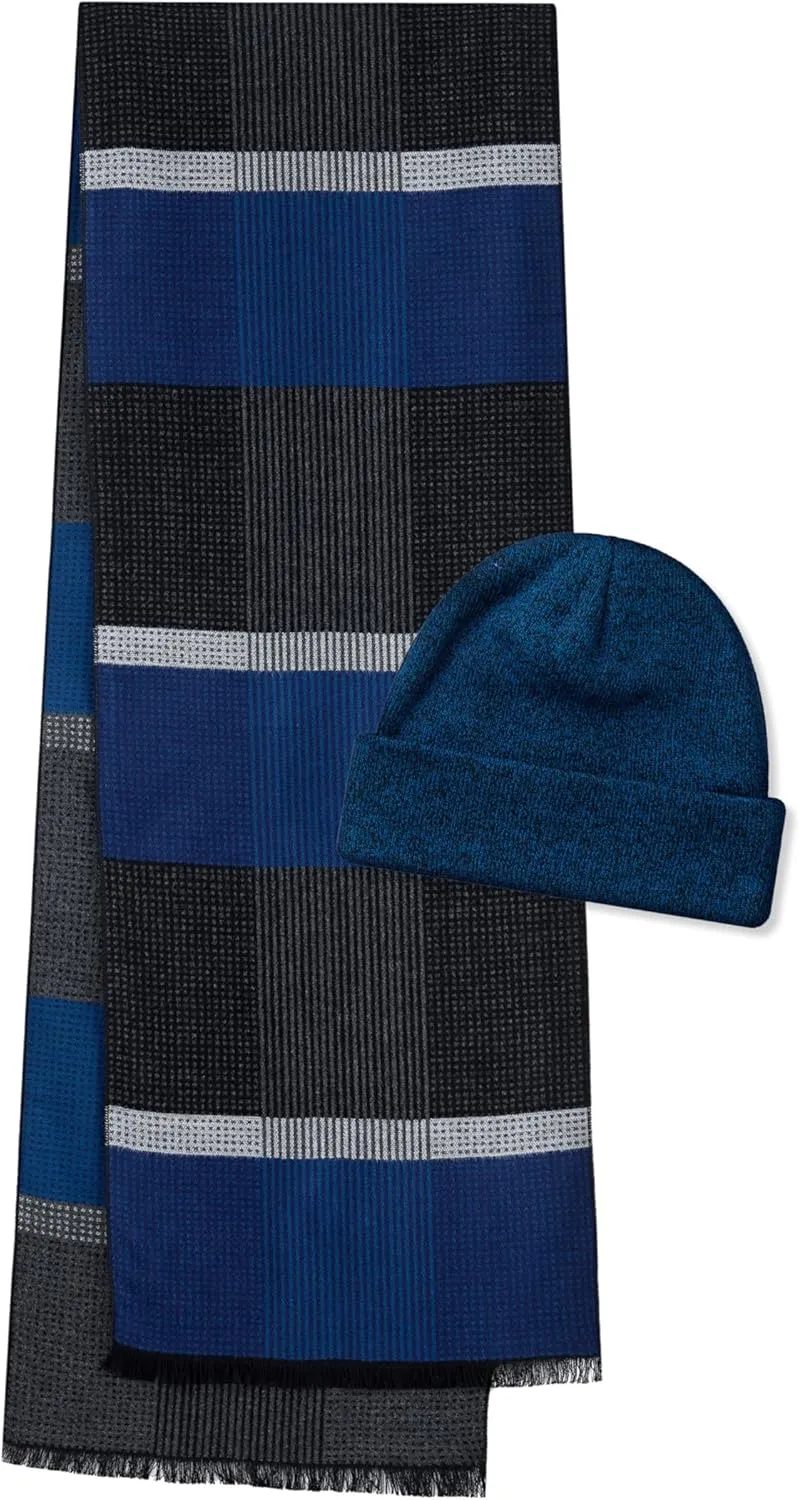 CALVIN & OLIVIA Mens Winter Warm Long Soft Scarf Plaid Tassel Scarf for Men Soft Classic Scarves Black Blue Hairline Stripe Set