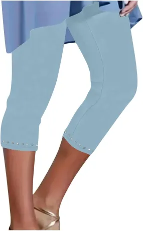 Capri Pants for Women 2025 High Waisted Rhinestone Trim Capri Leggings Workout Yoga Pants Comfy Compression Joggers