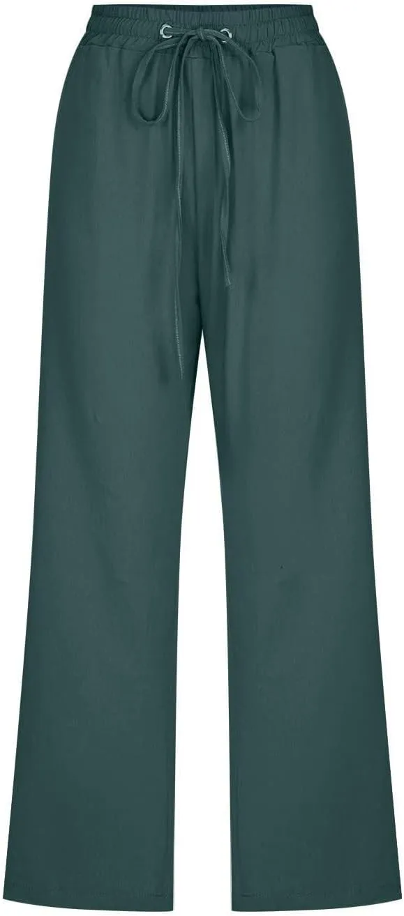 Capri Pants for Women 2025 Swmmer Elastic Waist Linen Pants Drawstring Straight Leg Capris Comfy Lounge Pants Trousers