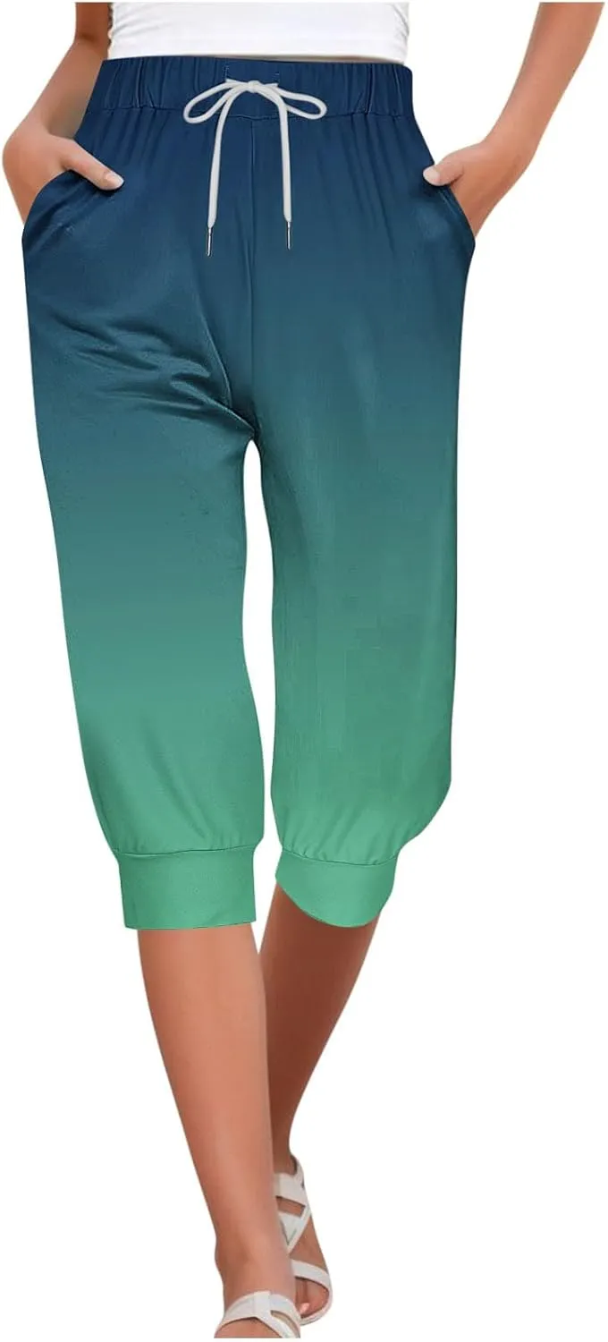 Capri Sweatpants for Women Gym Workout Yoga Jogger Capris High Waisted Draw Hiking Running Crop Pants with Pockets