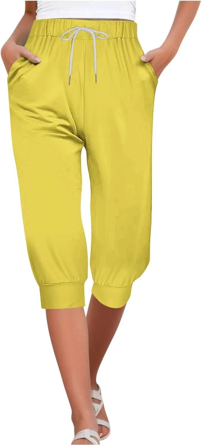 Capri Sweatpants for Women Gym Workout Yoga Jogger Capris High Waisted Draw Hiking Running Crop Pants with Pockets
