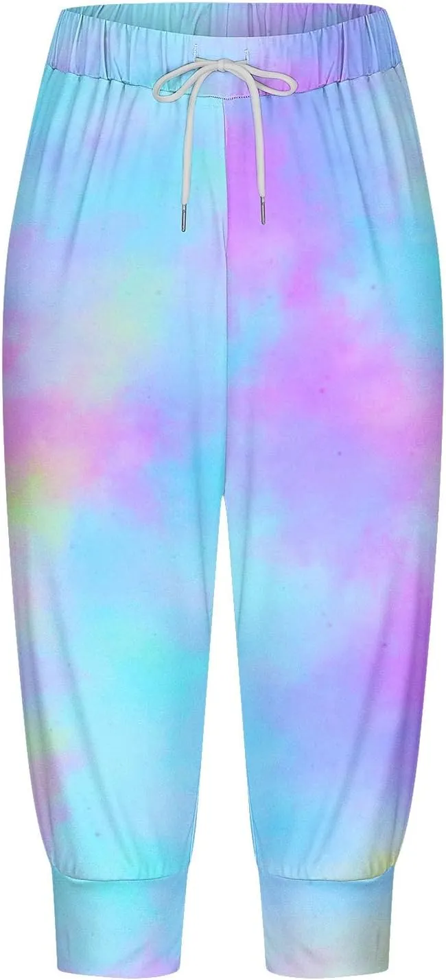 Capri Sweatpants for Women Gym Workout Yoga Jogger Capris High Waisted Draw Hiking Running Crop Pants with Pockets