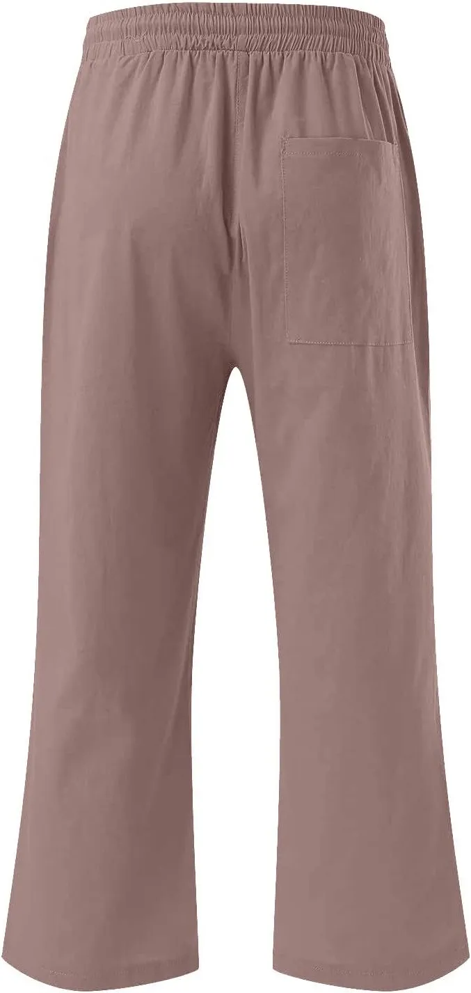 Capris Pants for Women Casual Summer 2025 Cotton Linen Pant Beach Loose Comfy Straight Leg Drawstring Cropped Trouser