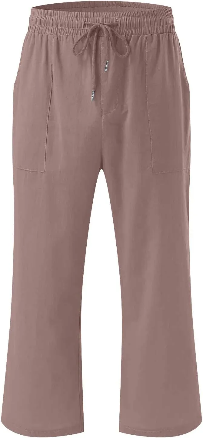 Capris Pants for Women Casual Summer 2025 Cotton Linen Pant Beach Loose Comfy Straight Leg Drawstring Cropped Trouser