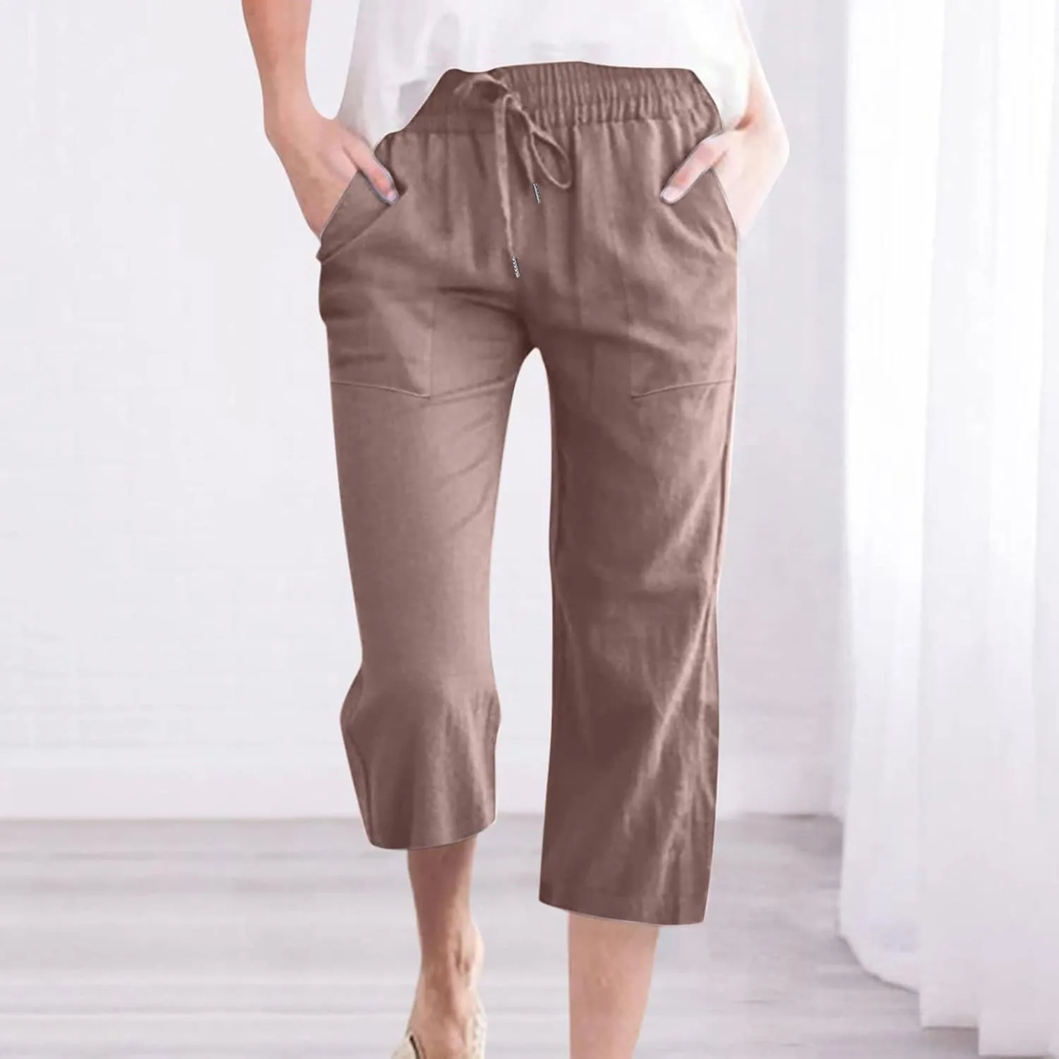 Capris Pants for Women Casual Summer 2025 Cotton Linen Pant Beach Loose Comfy Straight Leg Drawstring Cropped Trouser