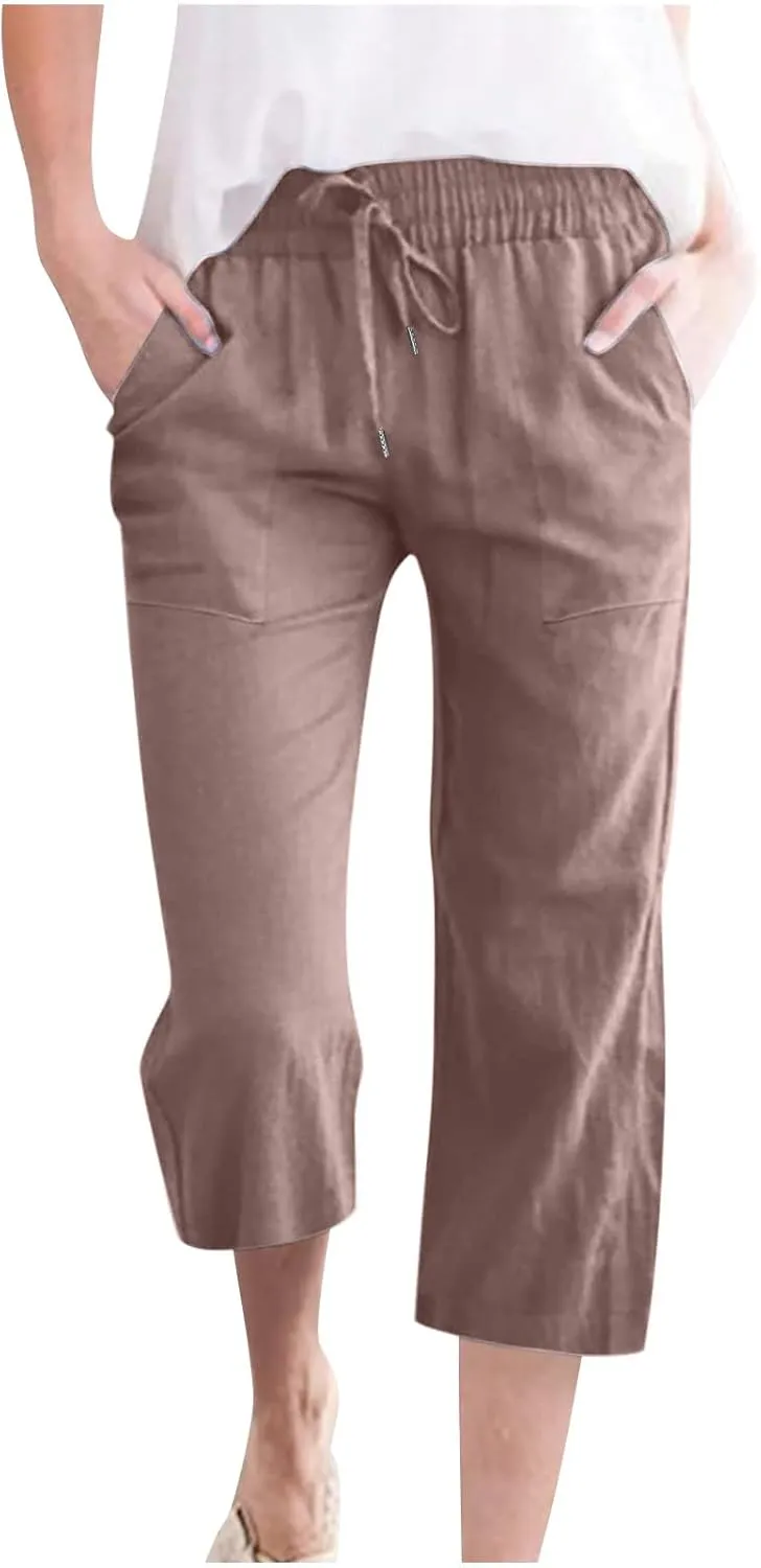 Capris Pants for Women Casual Summer 2025 Cotton Linen Pant Beach Loose Comfy Straight Leg Drawstring Cropped Trouser
