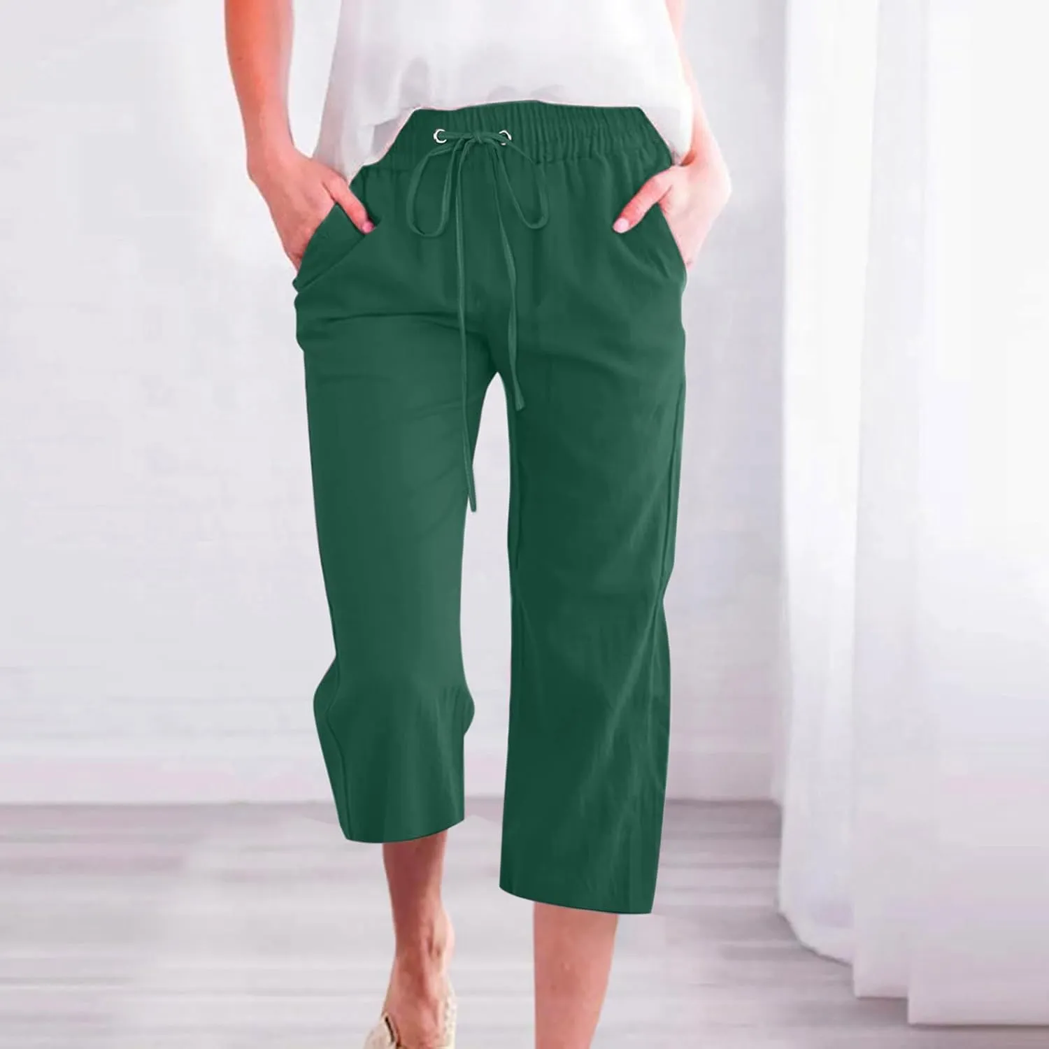 Capris Pants for Women Casual Summer 2025 Cotton Linen Pant Beach Loose Comfy Straight Leg Drawstring Cropped Trouser