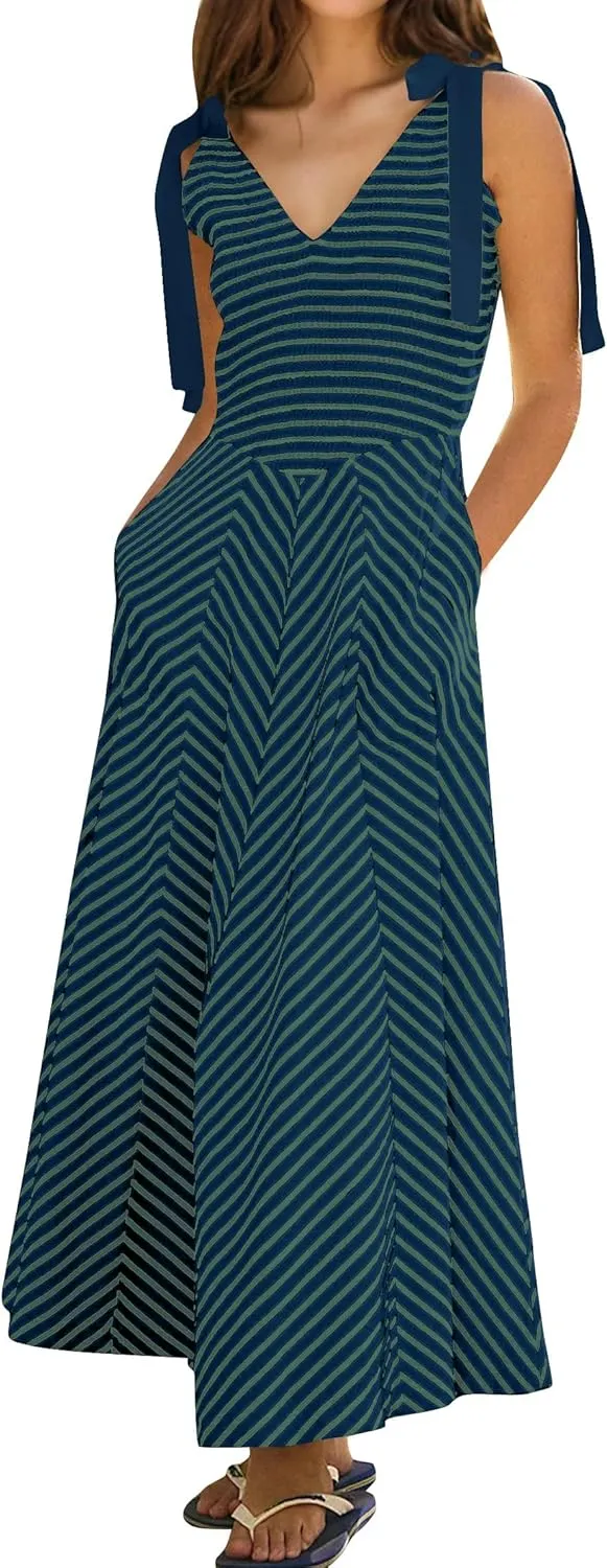 Casual Summer Maxi Dresses Striped Smocked V Neck Sleeveless Sundress Tie Strap Flowy Beach Long Dress with Pockets