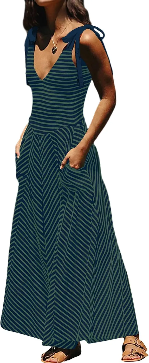 Casual Summer Maxi Dresses Striped Smocked V Neck Sleeveless Sundress Tie Strap Flowy Beach Long Dress with Pockets
