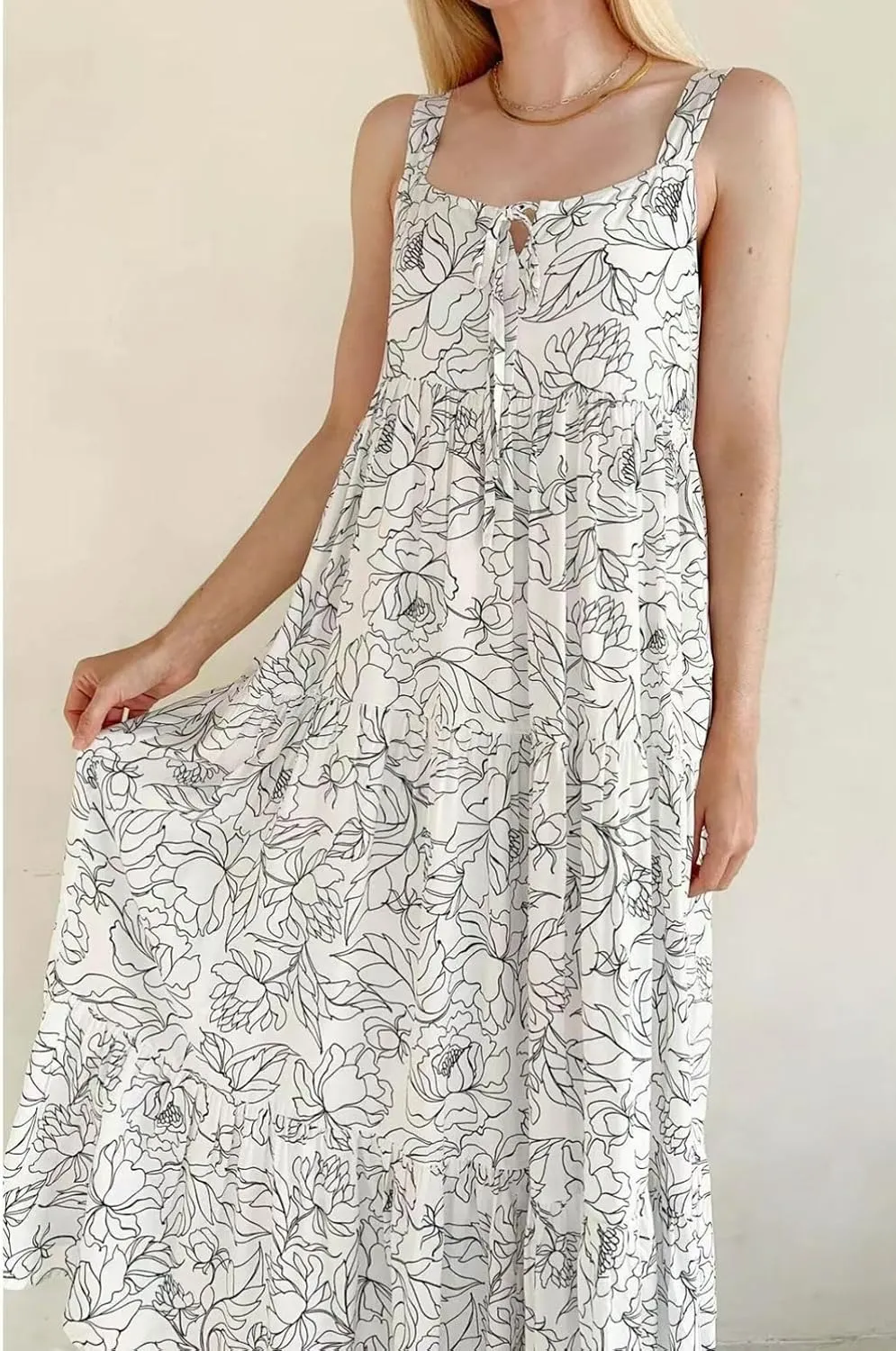CHARTOU Women Strapped Tie Front Floral Printed Beach Maxi Skirt Pleated Tiered Ruffle Summer Party Dress