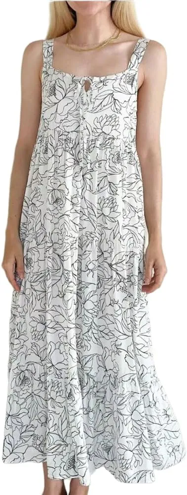 CHARTOU Women Strapped Tie Front Floral Printed Beach Maxi Skirt Pleated Tiered Ruffle Summer Party Dress