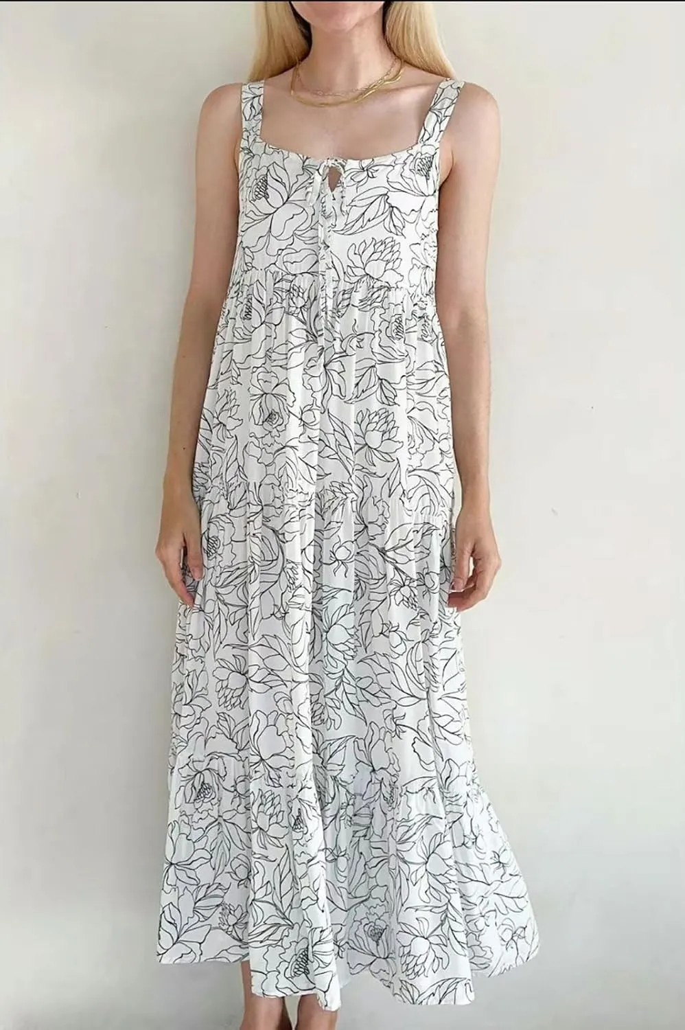 CHARTOU Women Strapped Tie Front Floral Printed Beach Maxi Skirt Pleated Tiered Ruffle Summer Party Dress