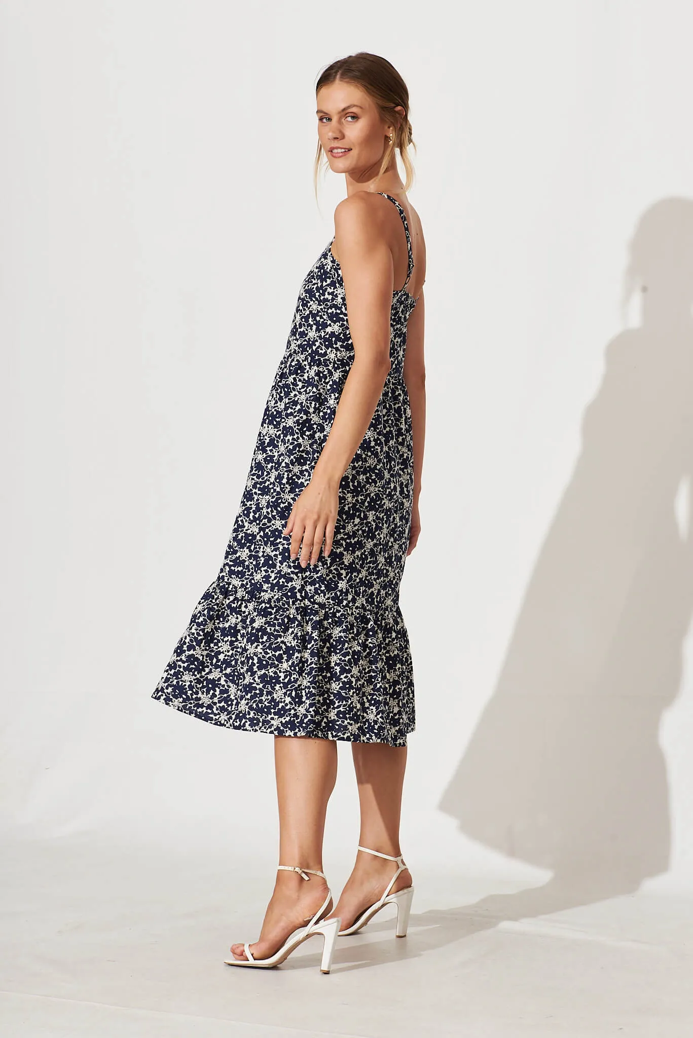 Corrina Midi Sundress In Navy And White Print Cotton Broderie