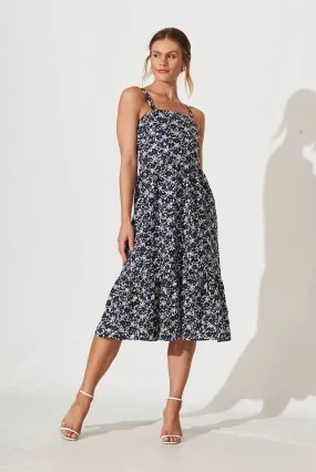 Corrina Midi Sundress In Navy And White Print Cotton Broderie