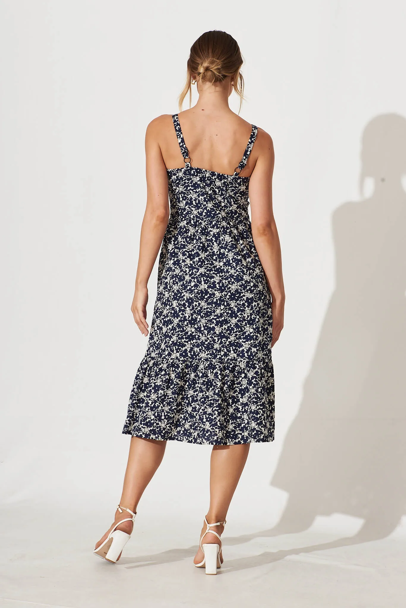Corrina Midi Sundress In Navy And White Print Cotton Broderie