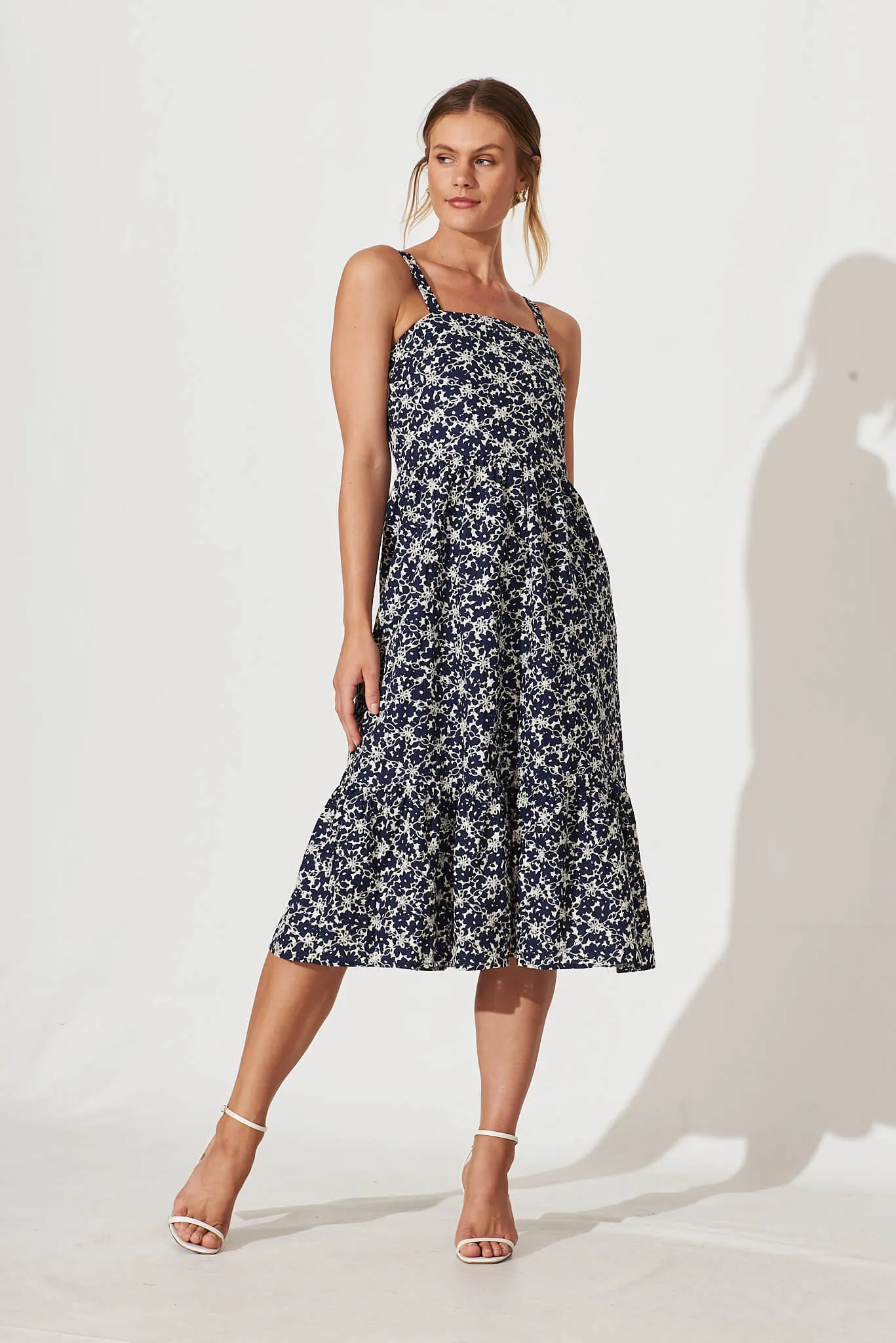 Corrina Midi Sundress In Navy And White Print Cotton Broderie