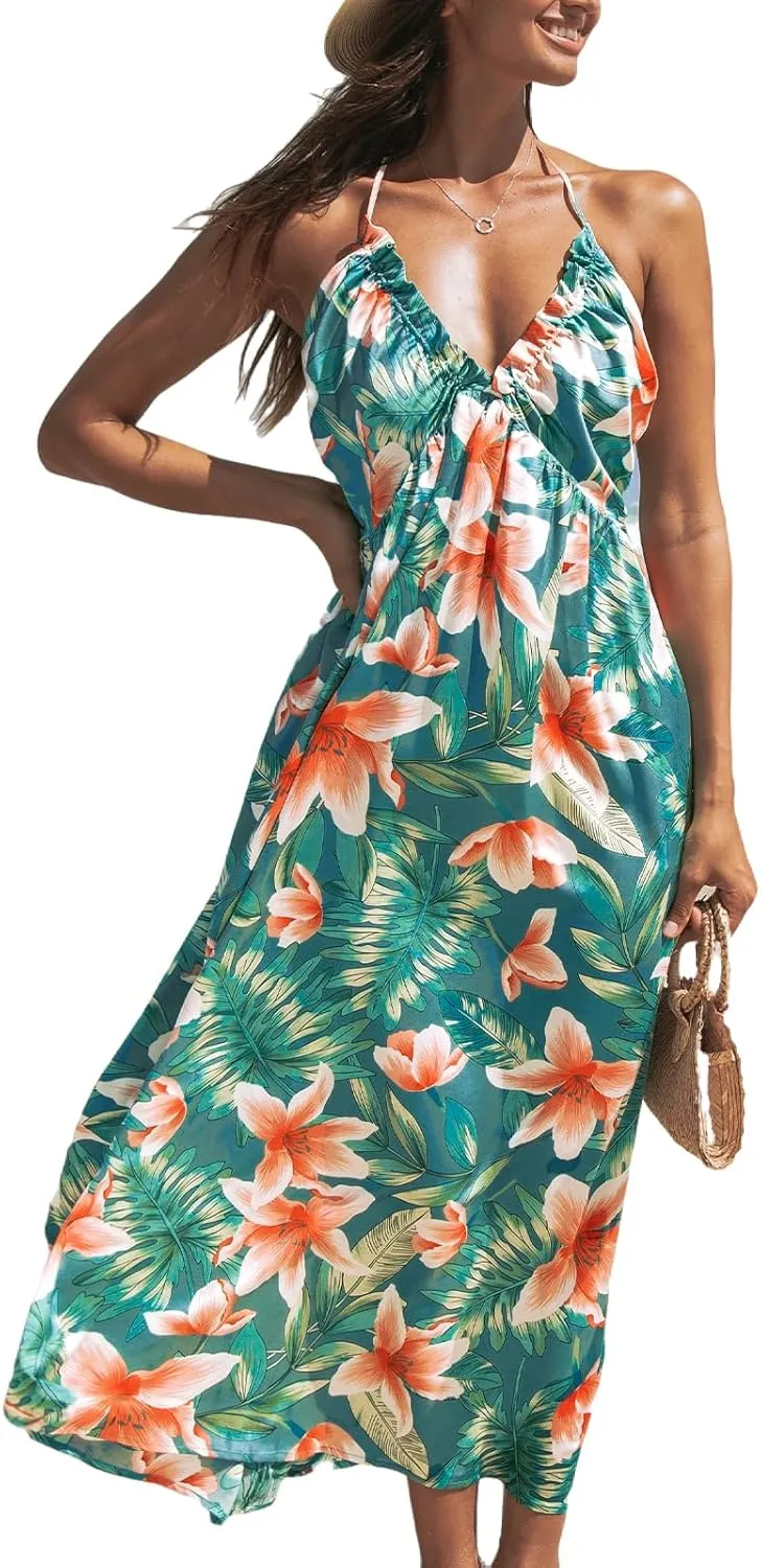 CUPSHE Women Backless Floral Summer Dress Plunging V Halter Neck Spaghetti Strap Ruffle Casual Beach Holiday Maxi Dress