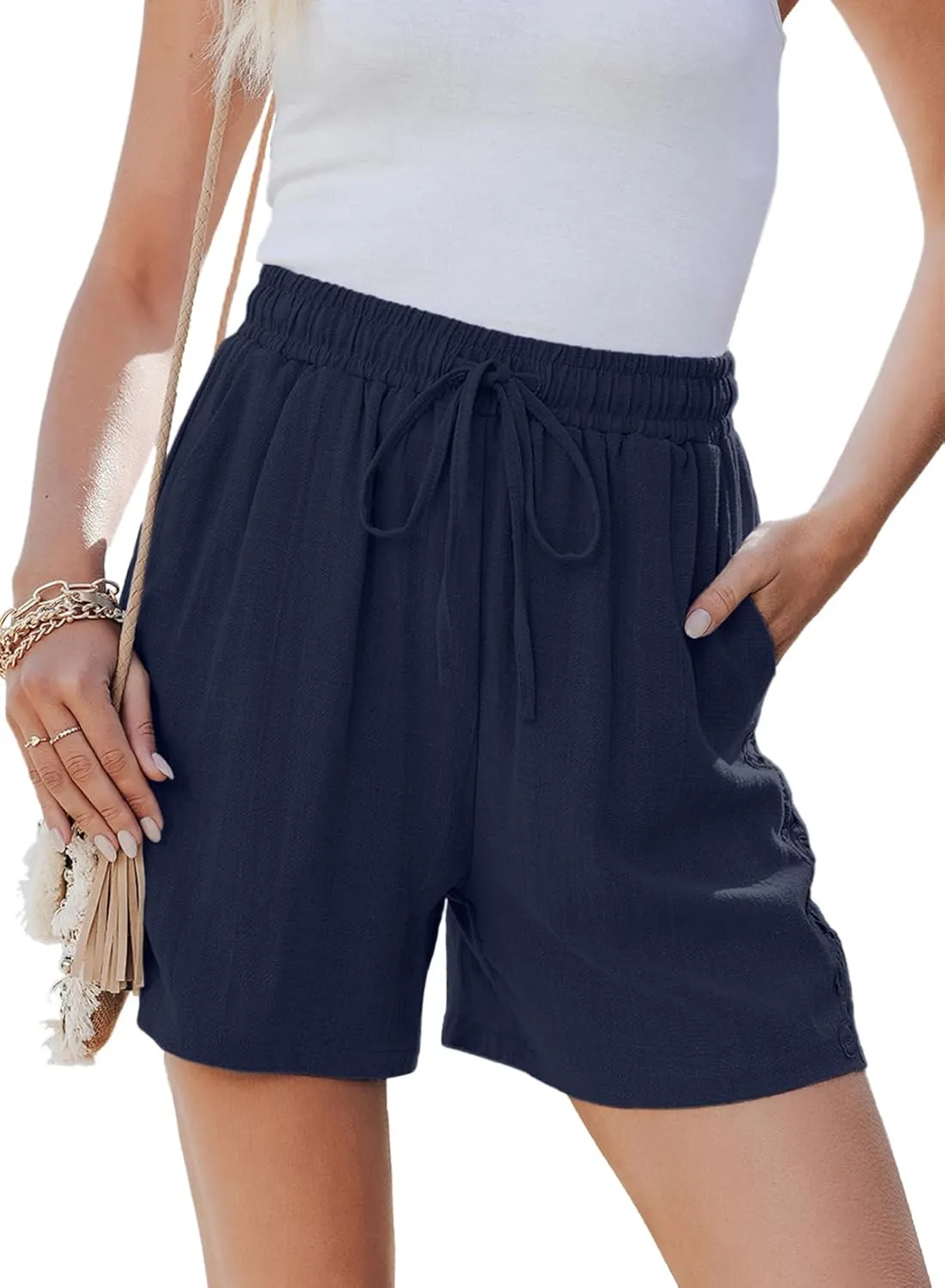 Dokotoo Women's Shorts Casual Flowy High Waisted Comfy Summer Elastic Drawstring Boho Dressy Pockets