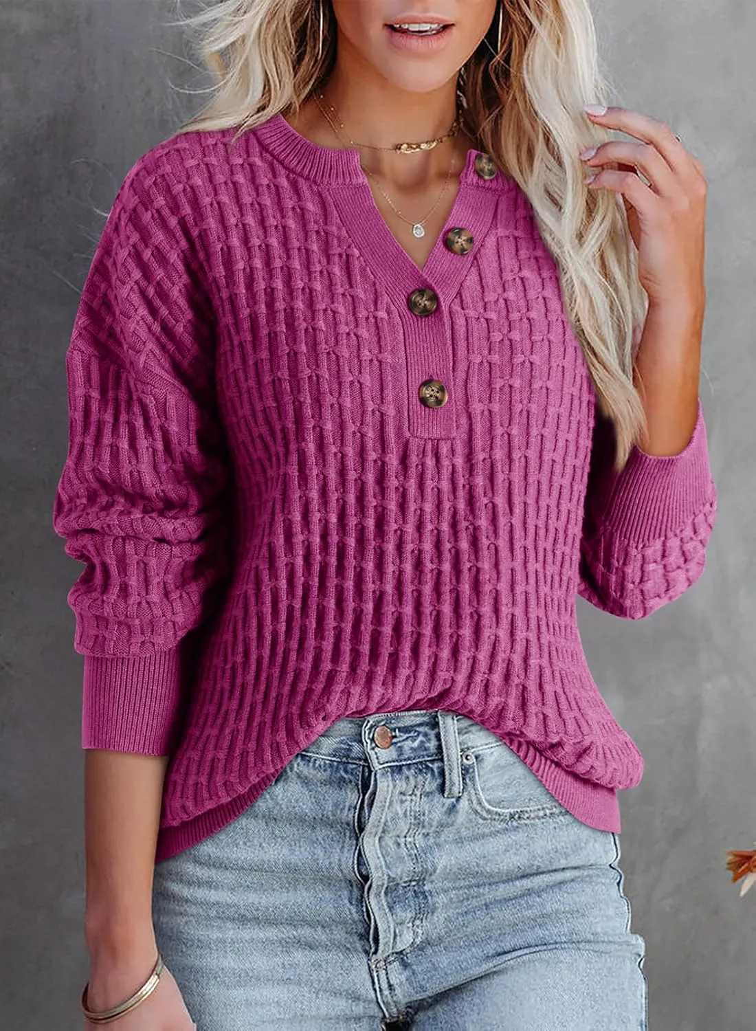 Dokotoo Womens Sweaters 2024 Casual Long Sleeve V Neck Textured Button Fall Sweater Loose Fit Pullover Jumper Tops