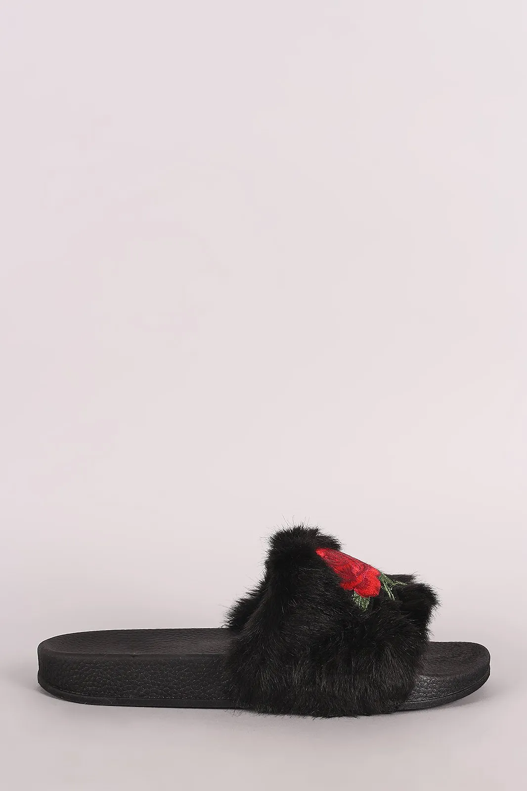 Embroidered Rosette Faux Fur Slide Sandal
