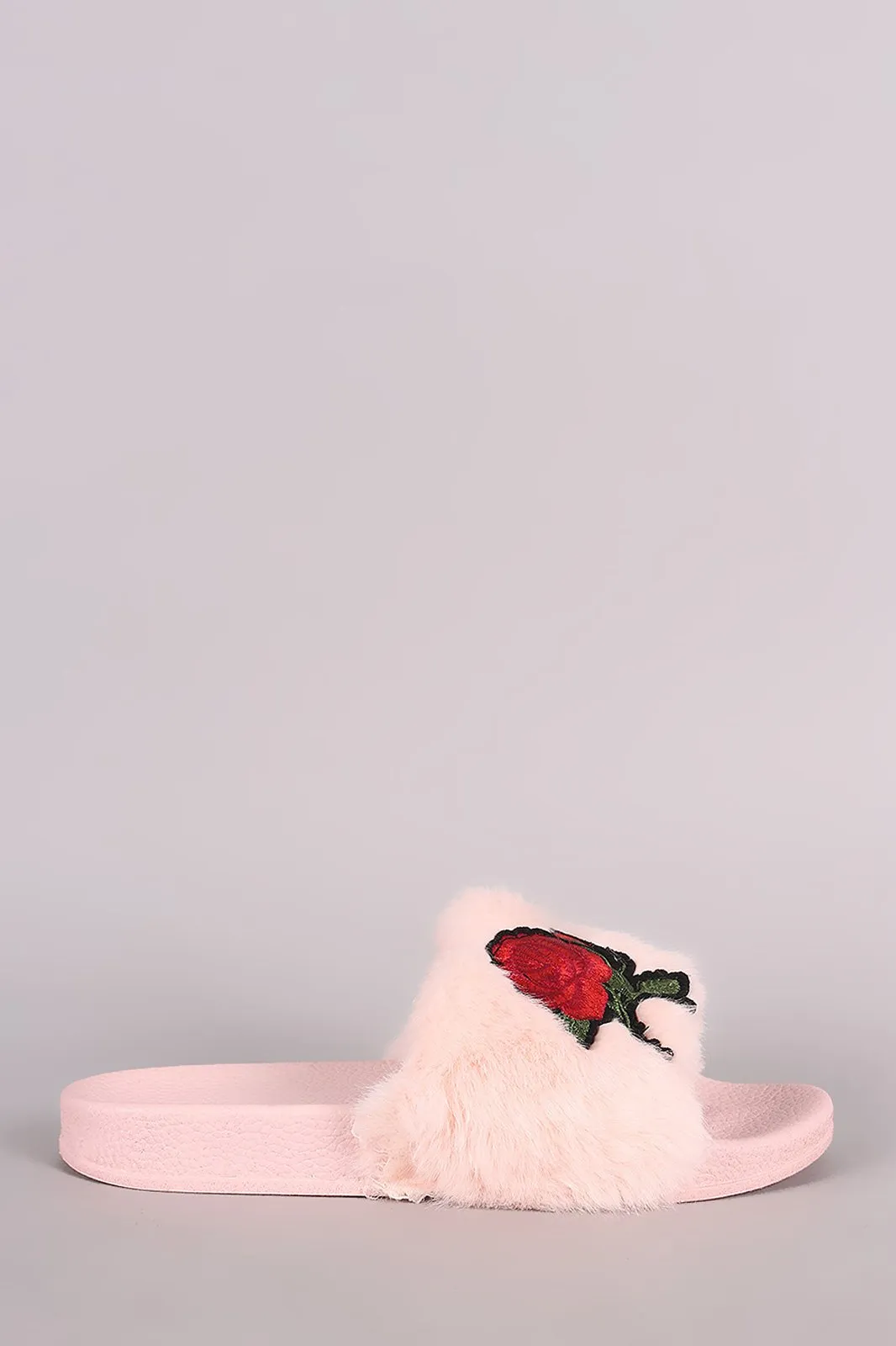 Embroidered Rosette Faux Fur Slide Sandal