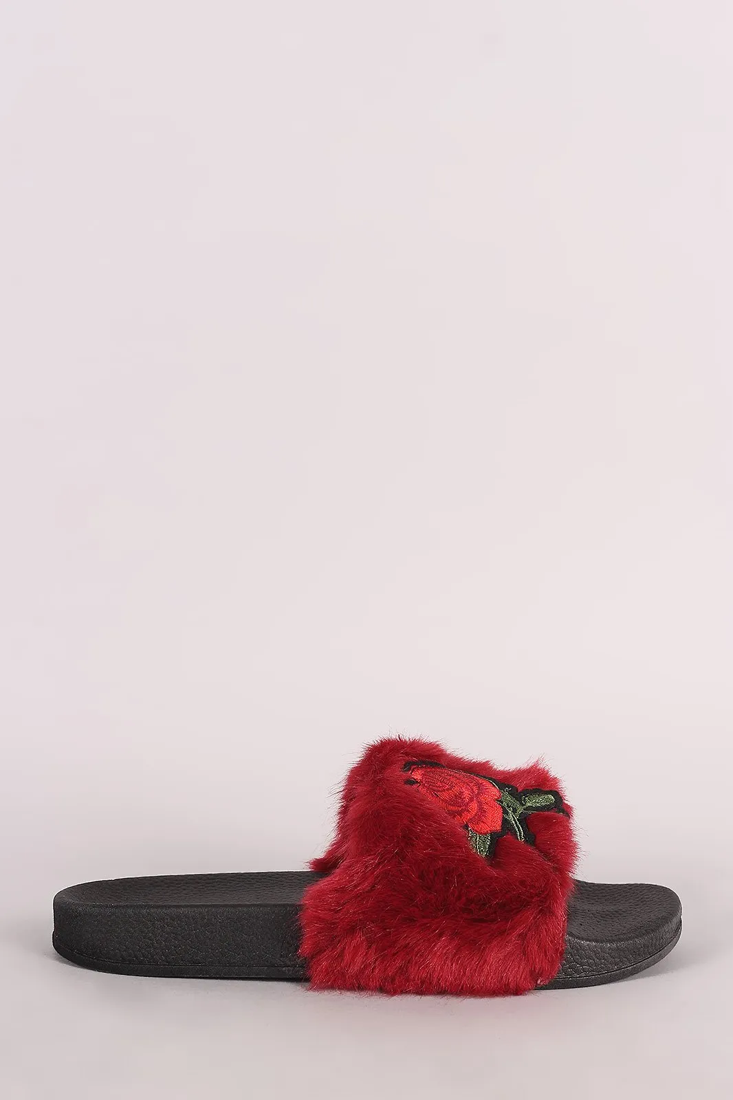 Embroidered Rosette Faux Fur Slide Sandal