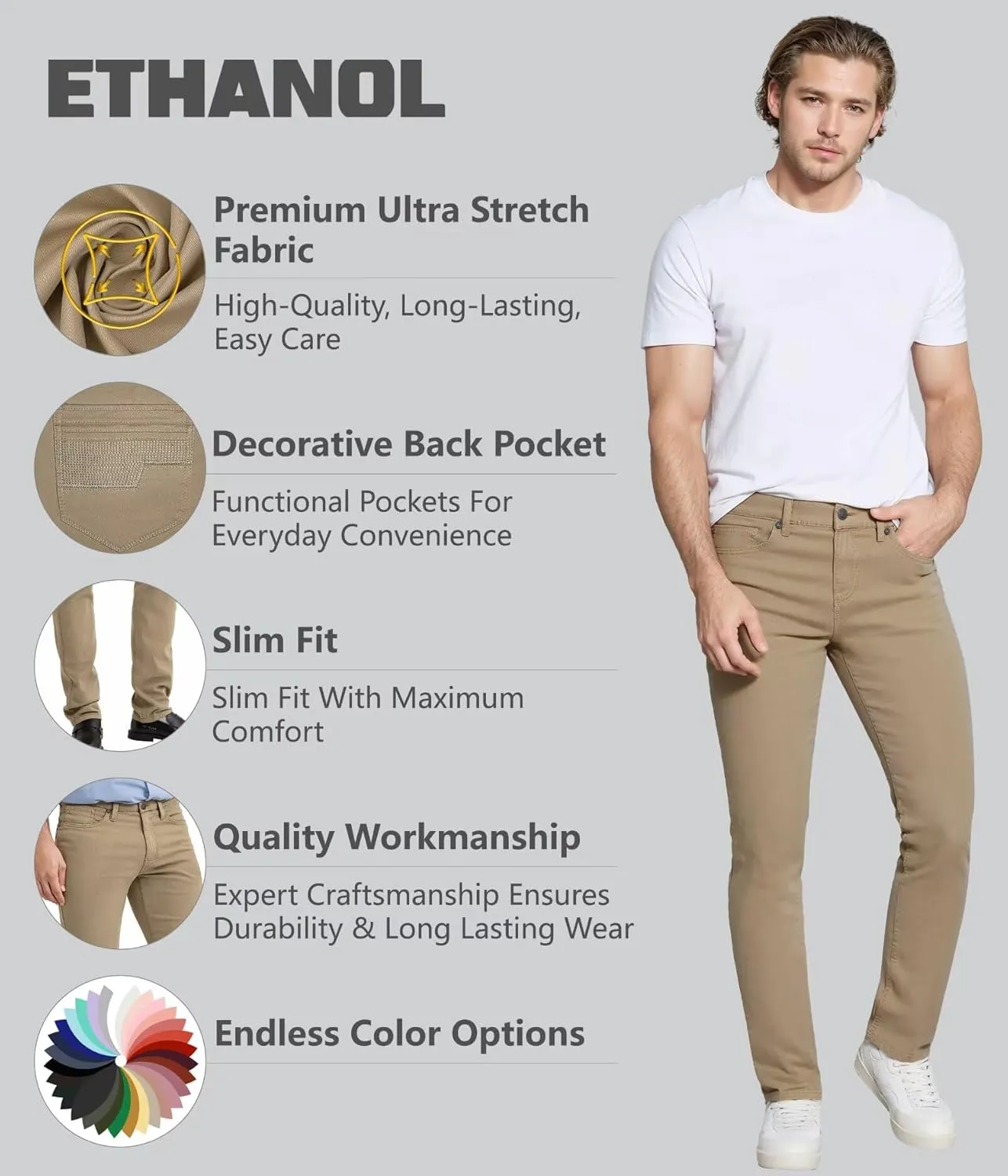 ETHANOL Mens Comfortable Stretch Trousers Slim Fit Straight Leg Stylish Design Pants