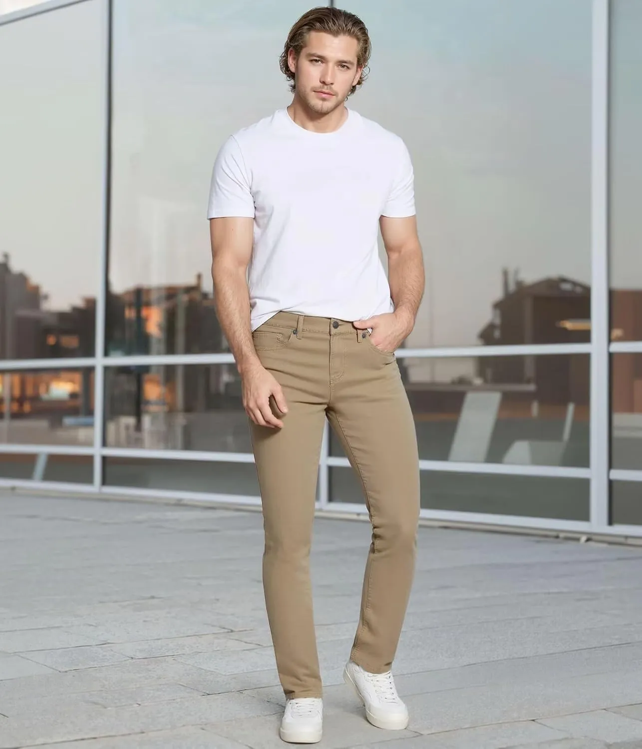 ETHANOL Mens Comfortable Stretch Trousers Slim Fit Straight Leg Stylish Design Pants