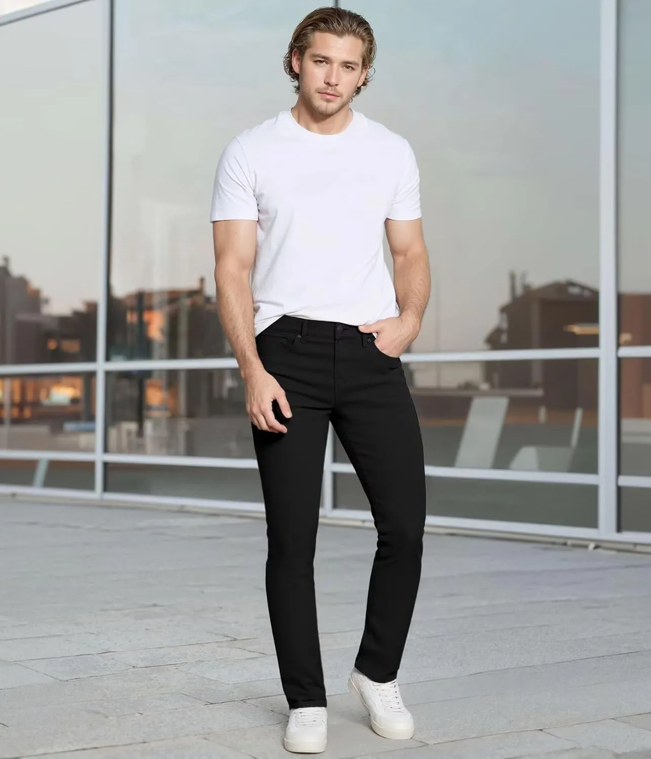 ETHANOL Mens Comfortable Stretch Trousers Slim Fit Straight Leg Stylish Design Pants