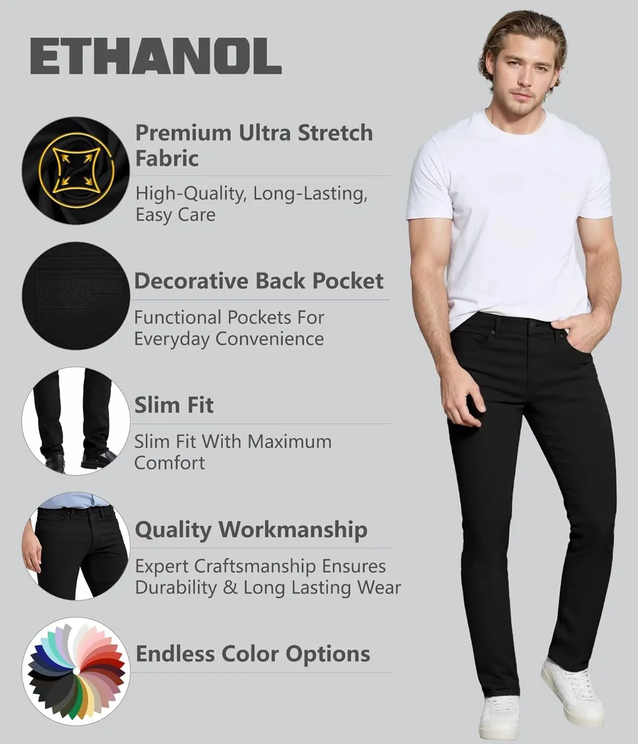ETHANOL Mens Comfortable Stretch Trousers Slim Fit Straight Leg Stylish Design Pants