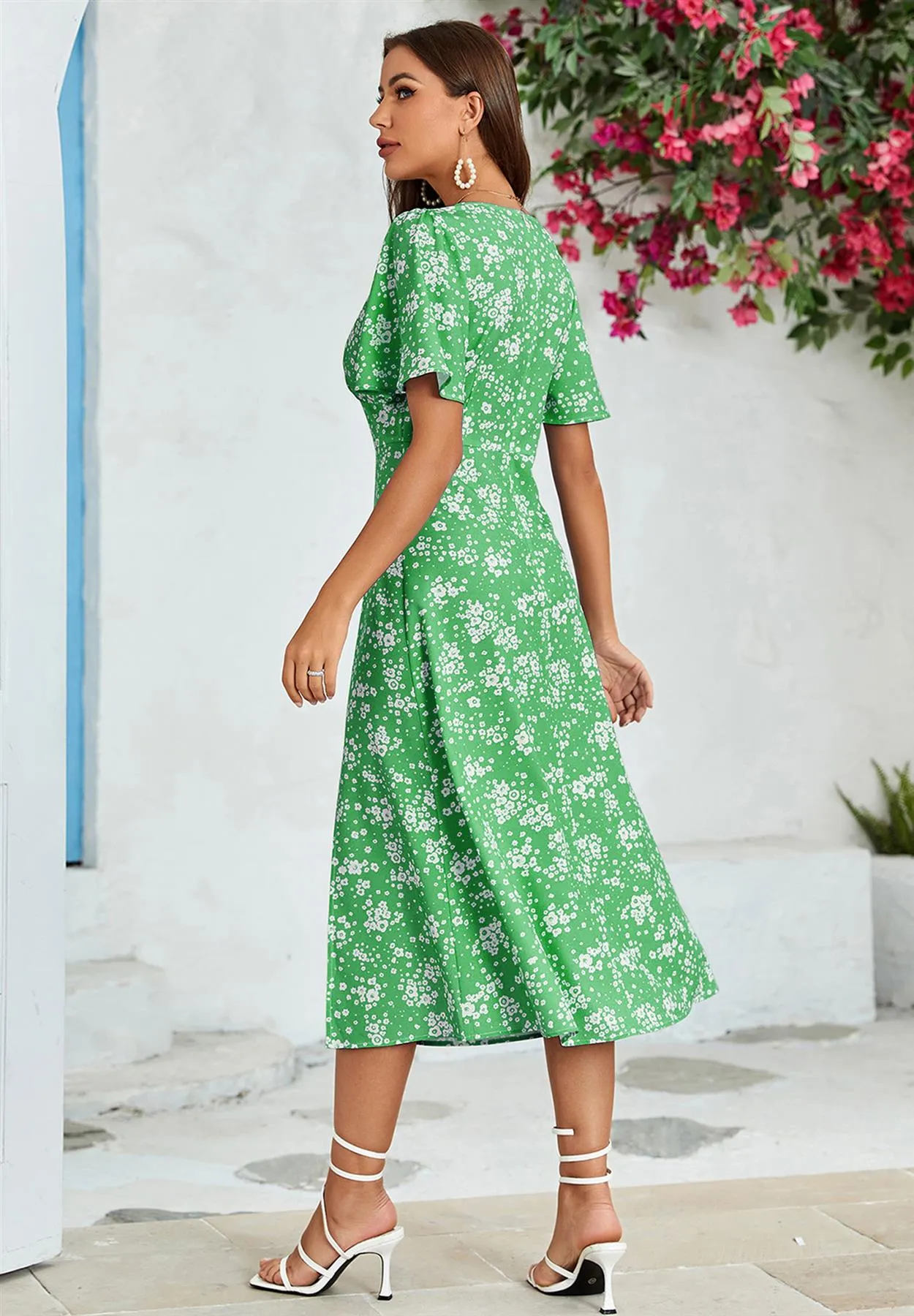 Floral Print Angel Sleeve Midi Dress In Spring Green