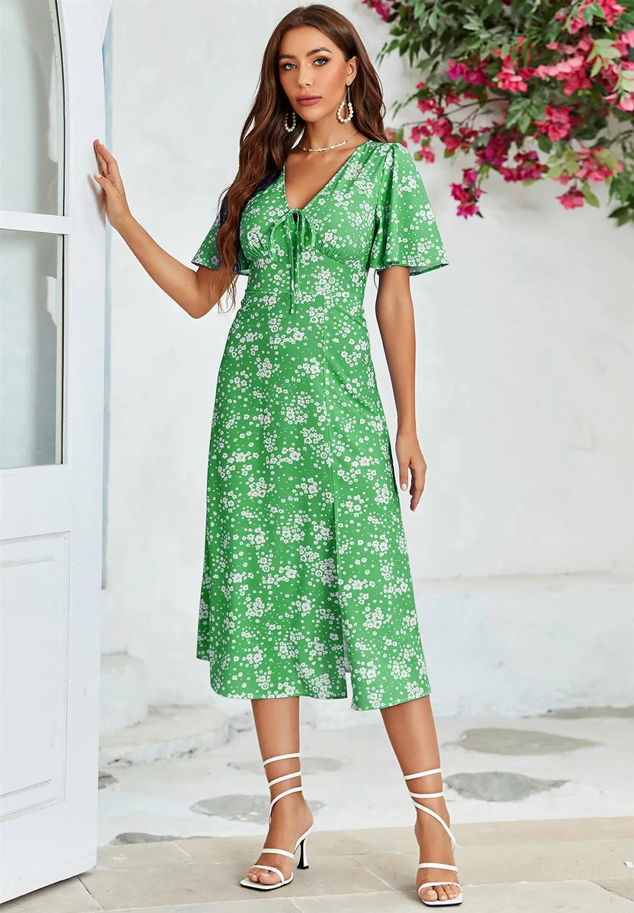 Floral Print Angel Sleeve Midi Dress In Spring Green