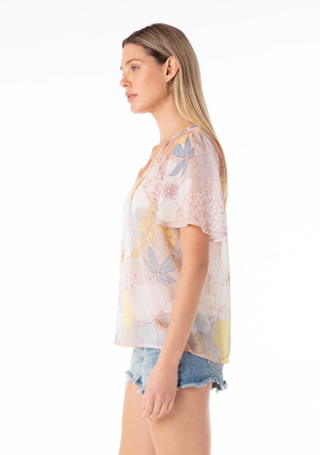 Floral Sheer Angel Sleeve Split Neck Blouse